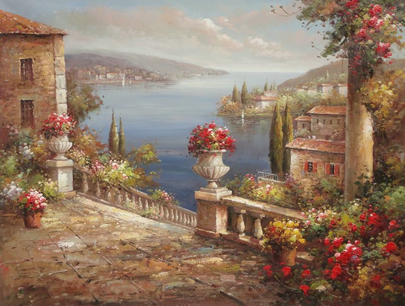 Wall Art and Oil Painting Mediterranean Sea view Garden Oil Painting