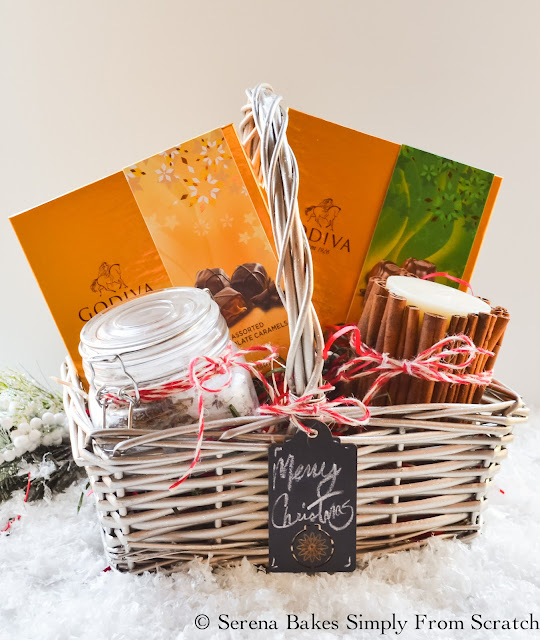 Holiday Gift Basket Ideas with fun ideas for teenagers, men or women including a DIY Lavender Rosemary Mineral Bath and Homemade Cinnamon Candle. serenabakessimplyfromscratch.com