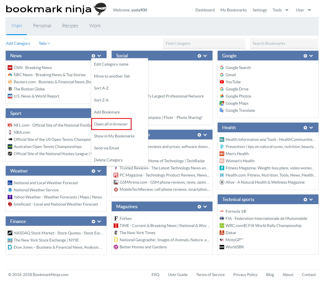Bookmark Ninja New Feature Open all bookmarks at once in a Category