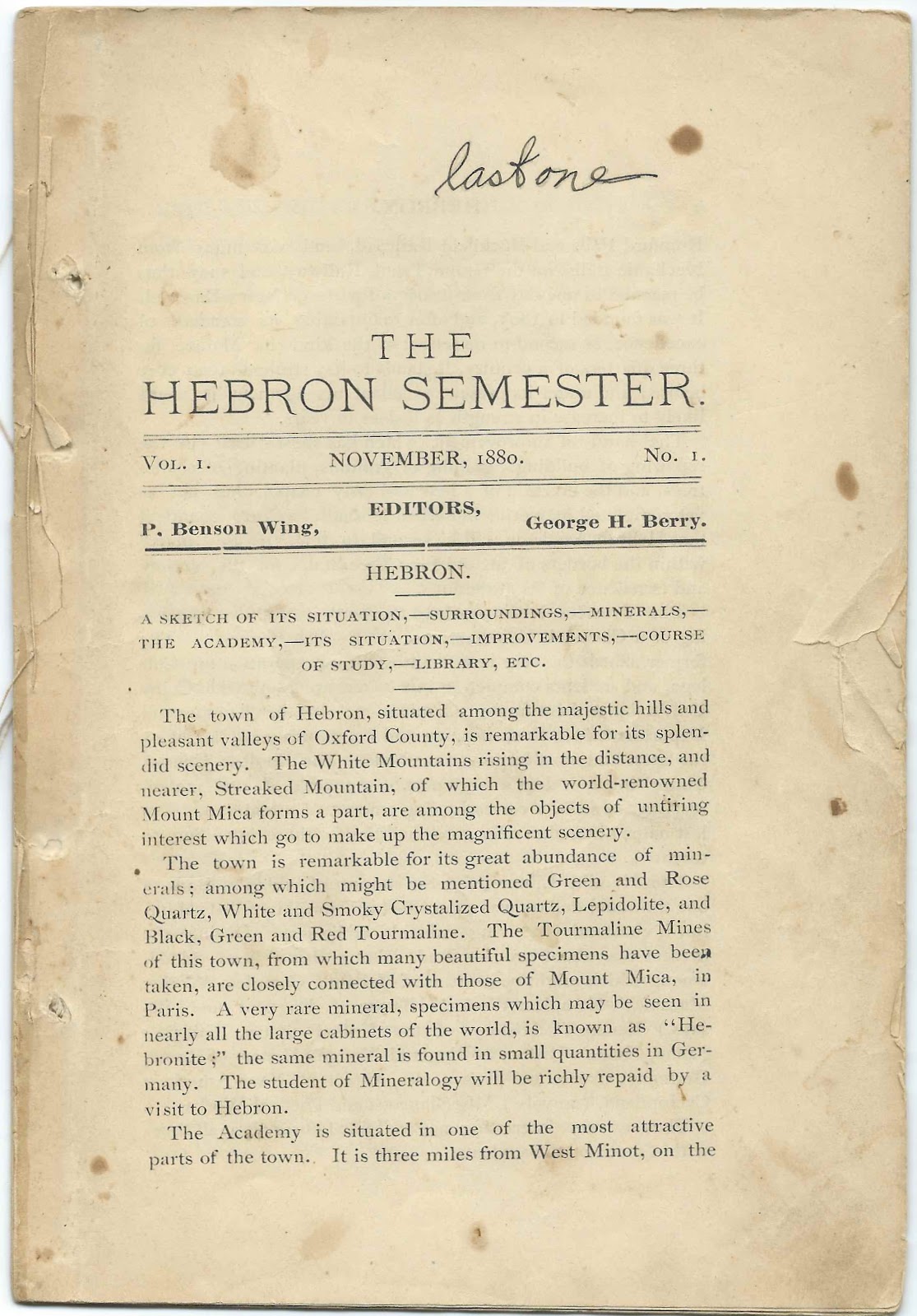 Heirlooms Reunited First Issue of The Hebron Semester, November 1880