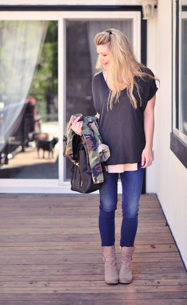 casual outfit, jeans and camo army jacket