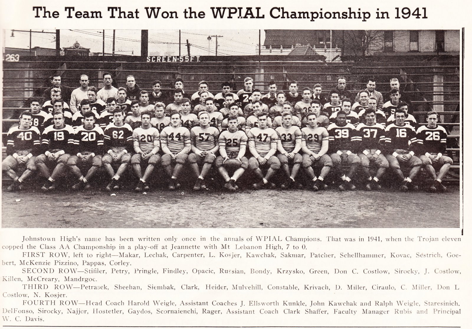 Vintage Johnstown JHS Trojan Football Champs 1941