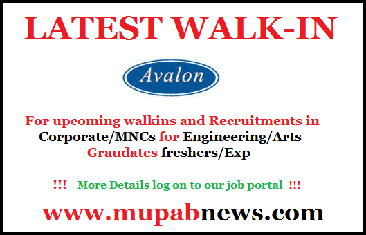 Latest Walkin 2018 : In this page, Job Seekers can find the Notification of latest walkin, off campus, Recuritments for freshers/experience in reputed MNCs/Corporate. Mupabnews Team Provides the Exact News related Job alert, Vacancies, Opportunities, Openings in main cities like Chennai, Mumbai, Delhi, Kolkata, Hyderabad and Kochi and all over india through online.