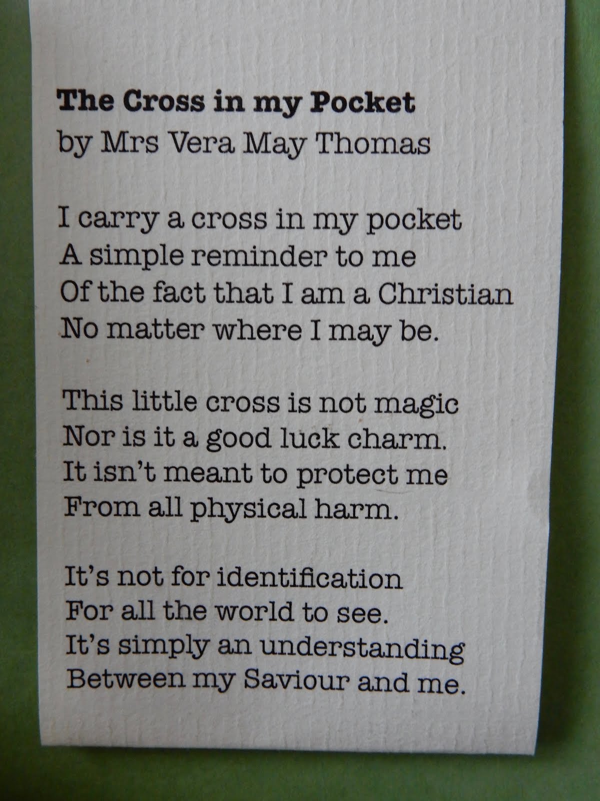 Free Printable Cross In My Pocket Poem