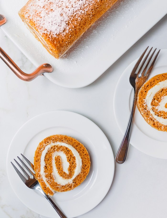 This spiced Maple Pumpkin Roll Cake with a delectable cream cheese