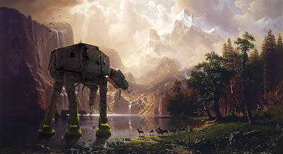 Digital Overpainting representing an AT-AT Walker in an Albert Bierstadt painting called Among the Sierra NEvada