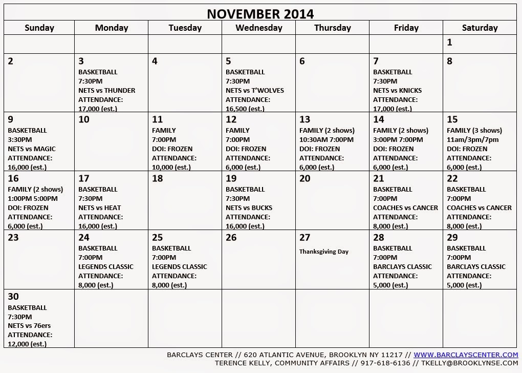 Barclays Center releases event calendar for October/November/December
