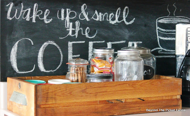 chalkboard, coffee sign, upcycled, repurposed drawer, coffee station, canning jars, http://bec4-beyondthepicketfence.blogspot.com/2015/10/coffee-station.html