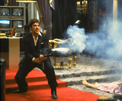 Al Pacino as Tony Montana, talk to my little friend, opens fire, bloody climax, Scarface, Directed by  Brian De Palma