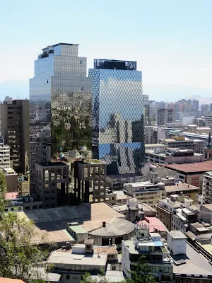 Modern glass buildings reflecting the light in Santiago Chile (viewed from Santa Lucia Hill)
