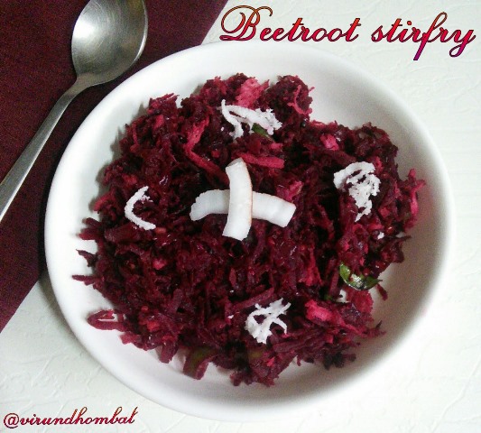 Beetroot stir fry/puttu - Beetroot puttu is a quick side dish for your lunch. In my blog, I have already posted plantain puttu and potato puttu which can be prepared easily without much work. This beetroot puttu is also similar and there is no need for precooking as done for plantain and potatoes. Anyone can prepare this easy dish for your family. For this dish also I suggest to use fresh beetroots which can be easily grated and gets cooked within few minutes. If you use 4 days old refrigerated beetroots it is difficult for grating and the taste is also not good. This beetroot puttu is a perfect side dish for sambar, rasam and pulikuzhambu. The leftover puttu can be used to prepare beetroot utthapam. Now let's see how to prepare this beetroot puttu.