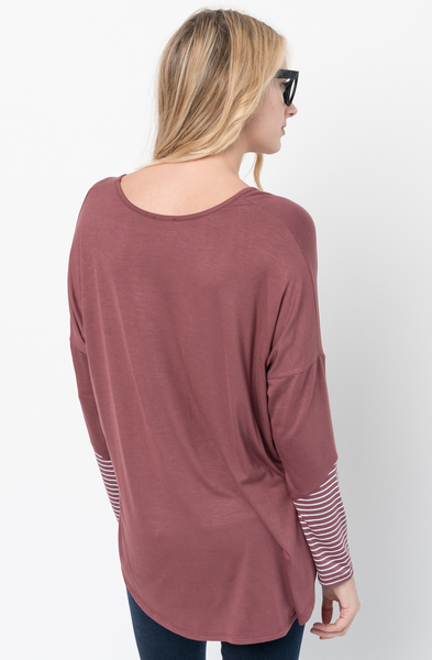 Buy Now Red brown V-Neck Striped Panel Sleeve Tunic Online - $34 -@caralase.com