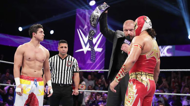Triple H presenting the new Cruiserweight Championship Triple H TJ Perkins Gran Metalik Cruiserweight Classic Finale Championship WWE
