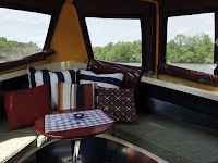 Seating space in the bow of solar canal boat Dragonfly (aka SlowBoat)