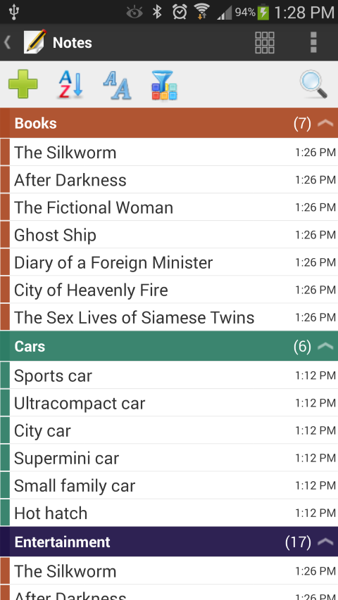 Android Notes Grouped by Categories in List Mode