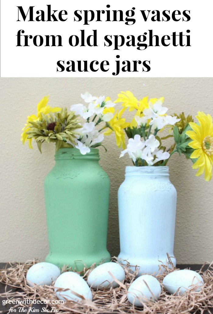 Make spring vases from old spaghetti sauce jars. A great Easter DIY, these would look great as a