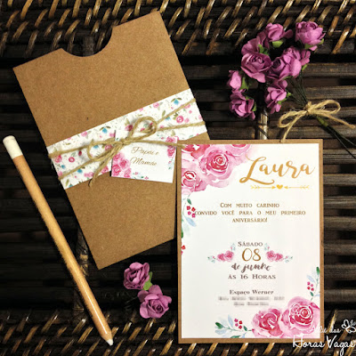 convite artesanal personalizado moderno diferente rústico estampa floral aquarelada boho casamento ou aniversário infantil 1 aninho jardim encantado papel kraft