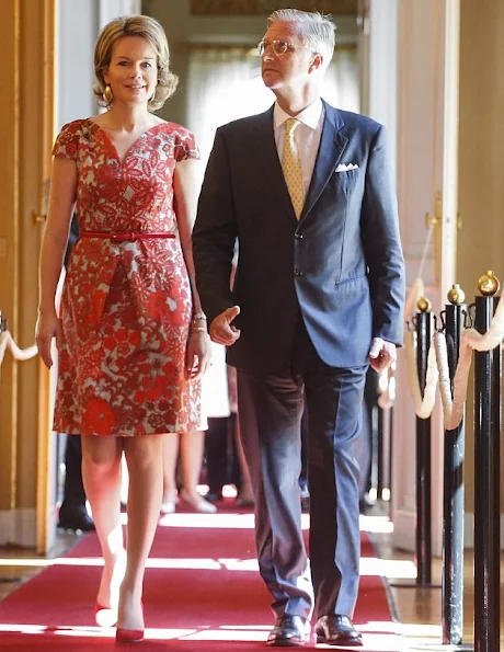 King Philippe and Queen Mathilde visited the exhibition of science and culture (Science et culture au Palais) at Royal Palace Queen Mathilde wore Paule Ka dress