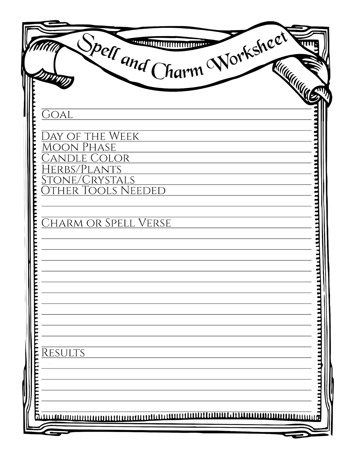 Build a Book of Shadows Spell and Charm Worksheet