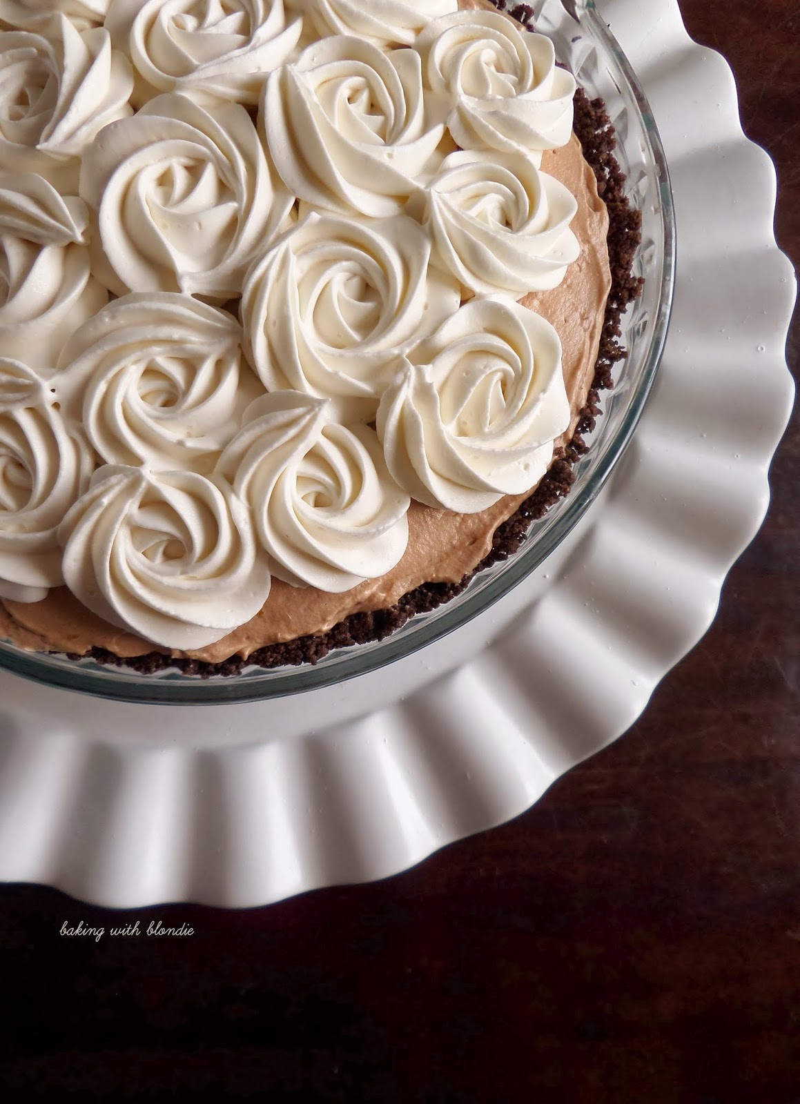 French Silk Chocolate Pie with Whipped Cream Rosettes and Thin Mint Crust