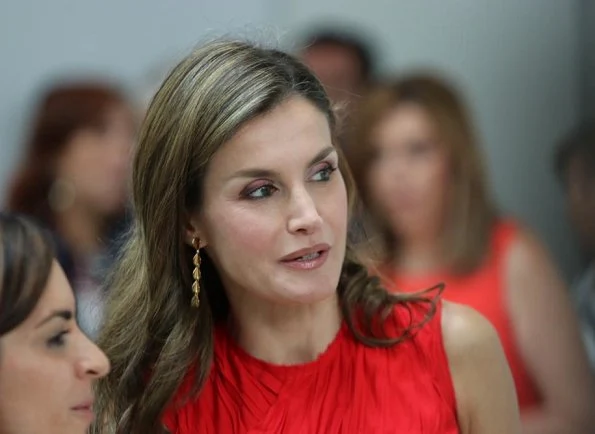 Queen Letizia wore NINA RICCI Plissé dress and carried a red Carolina Herrera animal print clutch bag