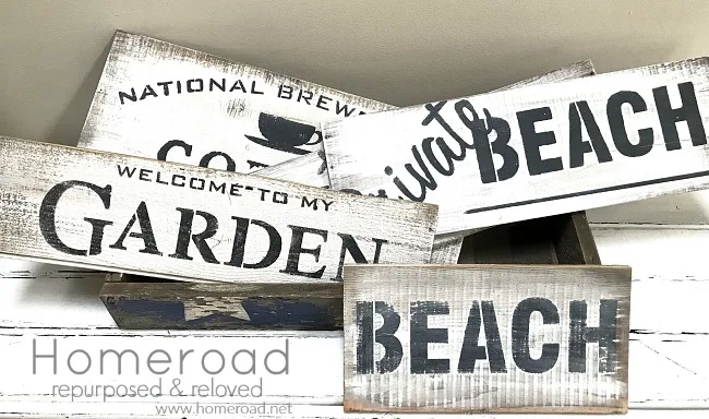 distressed and rustic signs created from wine box wood