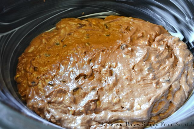 Spread chocolate cake mixture over bottom of crock pot to make Crock Pot Hot Fudge Cake from Serena Bakes Simply From Scratch.