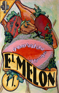 The melon design on this loteria card was based on the Pope's Cards, and features a green man like figure appearing in the leaves of natural growth.