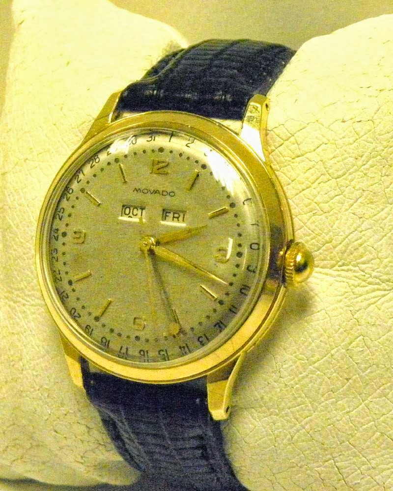 MOVADO SWISS 18K GOLD 1950s DAY & DATE MECHANICAL WINDUP LEATHER BAND