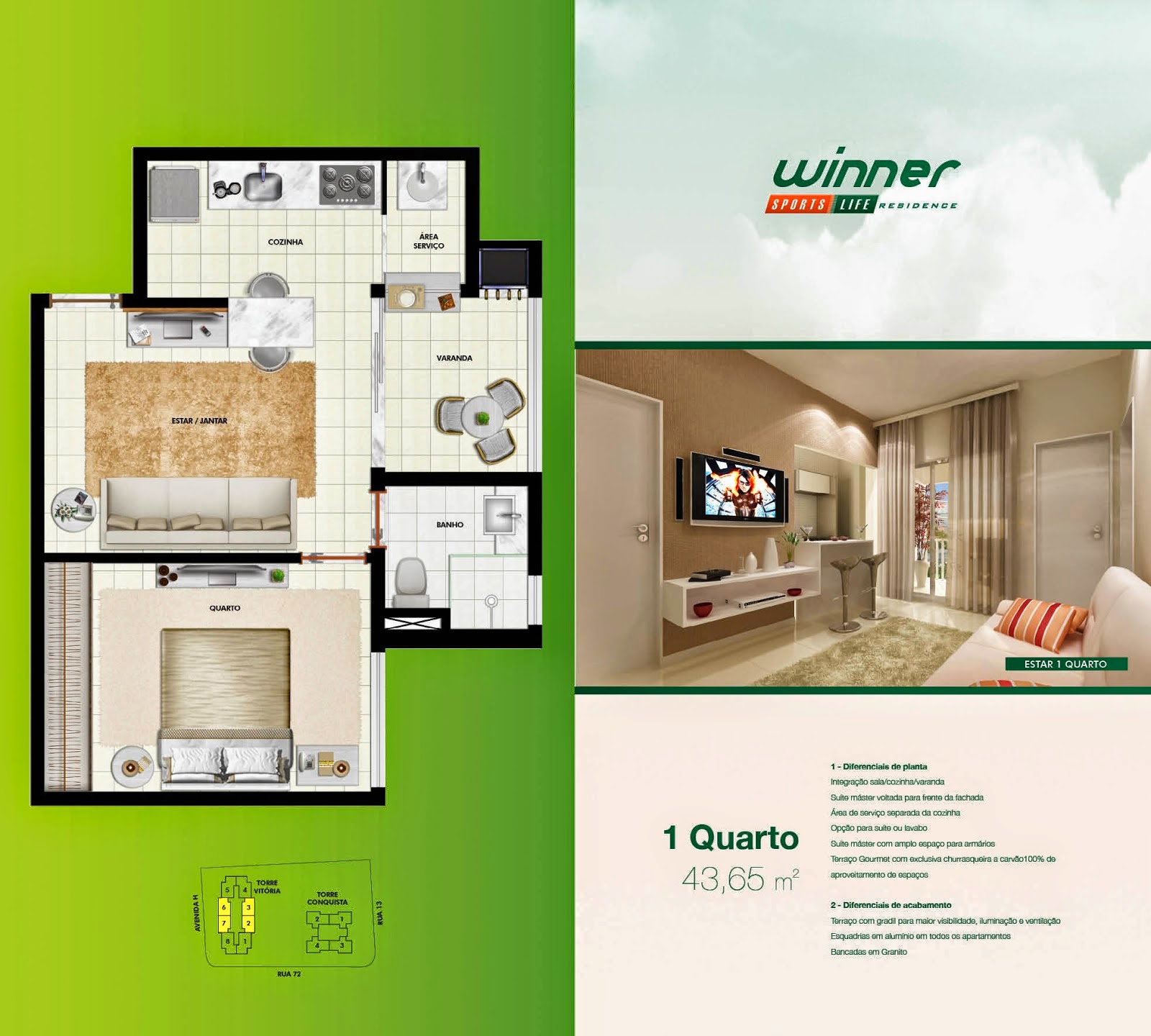 WINNER SPORTS LIFE RESIDENCE 3Q de 75m² / 2Q de 63m² / 1Q de 43m³