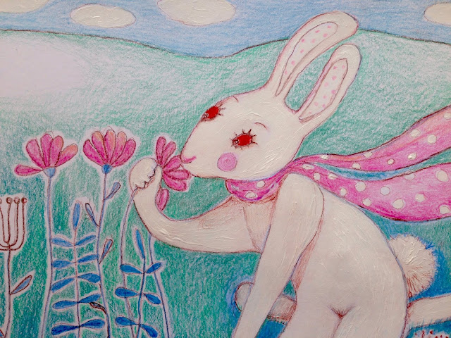 rabbit hare white illustration pink scarf 