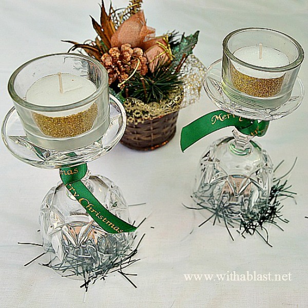 Easy Christmas Table Candle Decor ~ Get these Green & Gold {with a touch of White} table decor pieces ready in advance and when you are ready to display them, either on your Christmas dining table or elsewhere, it will only take minutes to set up #ChristmasDecor #Centerpieces www.withablast.net