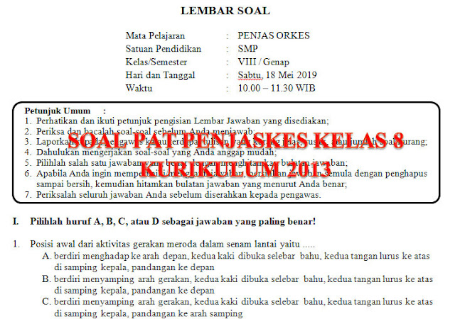 Soal Dan Kunci Balasan Pat Penjaskes Smp Kelas 8 Kurikulum 2013 Tahun Pelajaran 2018 2019