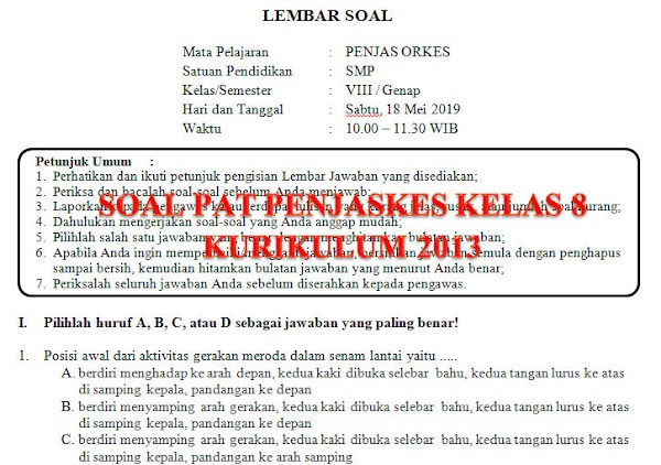 Soal dan Kunci Jawaban PAT Penjaskes SMP Kelas 8 Kurikulum 2013 Tahun Pelajaran 2018/2019   