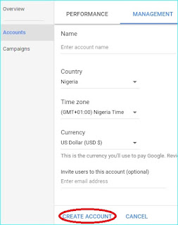 Enter account name and create account