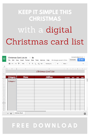 Keep it simple this Christmas with a digital Christmas card list. Free download is available through Google Sheets or save it on your desktop as an Excel Spreadsheet file. This will make sending out Christmas cards easy and fun for you this year!