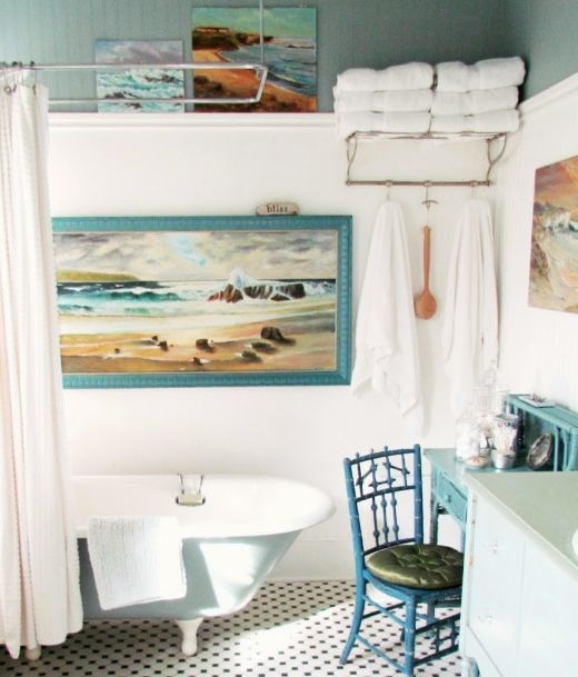 Vintage Seascape Painting for Bathroom Wall Decor