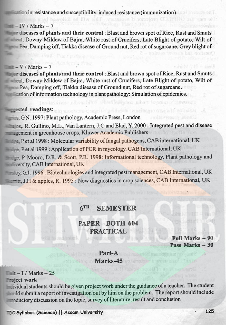 Botany Honours Syllabus for 6th semester of Assam University Silchar