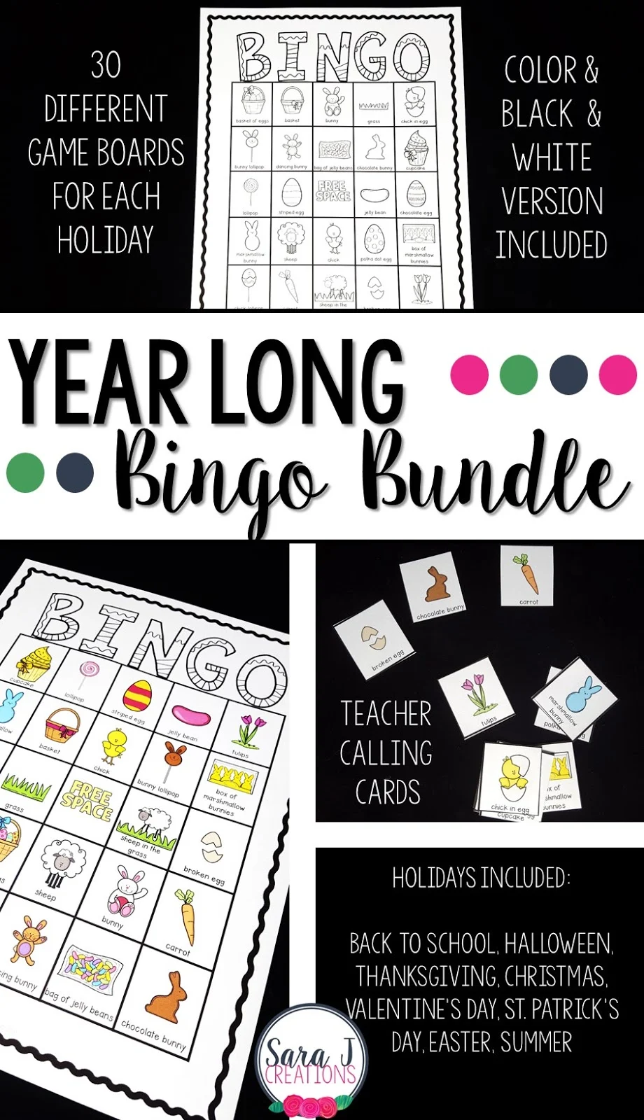 Bingo cards for the whole year!  Includes 8 different sets - Back to School, Halloween, Thanksgiving, Christmas, Valentine's Day, St. Patrick's Day, Easter and Summer.  Play and have fun all year long with these quick and easy to use printables.