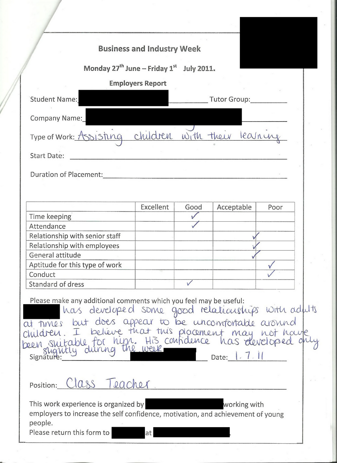 How well do you know your child's school?: Work Experience is supposed