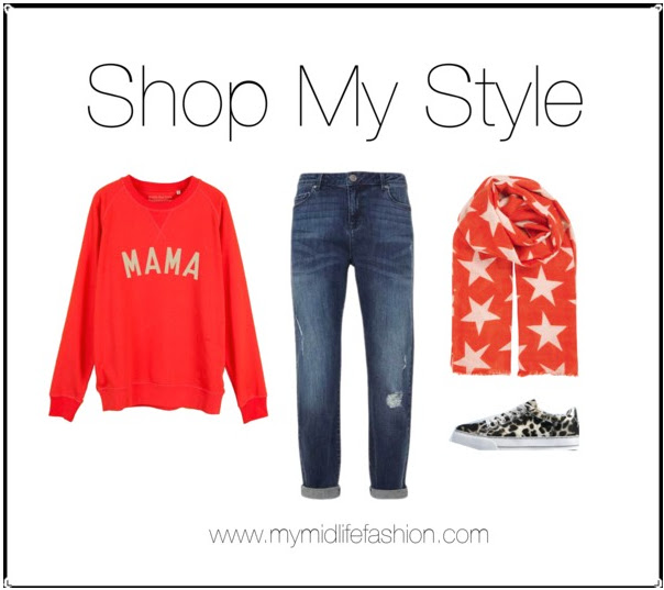 My Midlife Fashion, Shop My Style, Selfish Mother Mama Sweatshirt, The dressing room Becksondergaard scarf, mint velvet cerys boyfriend jeans, marks and spencer insolia flex trainers