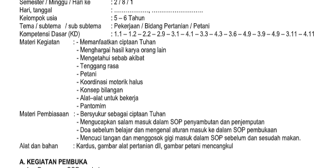 RPPH TK PAUD Kurikulum 2013 Kelompok Usia 56 Tahun Tema Pekerjaan