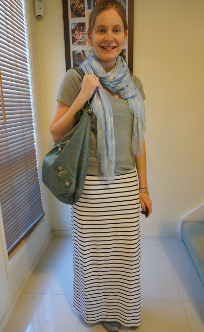 Daily outfit blogger alexander mcqueen skull scarf grey tee stripe maxi skirt