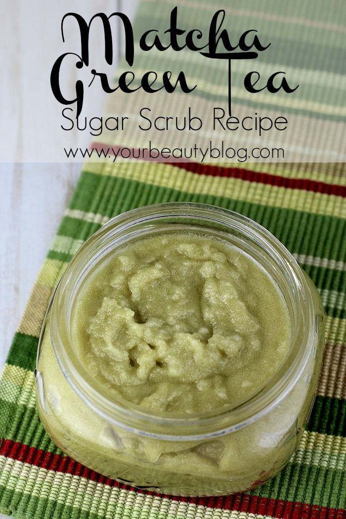 Easy matcha green tea sugar scrub recipe with just four ingredients, including coconut oil.