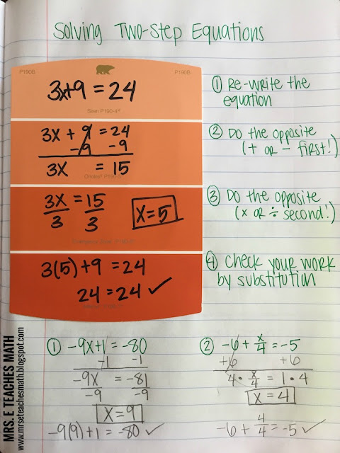 Solving Two-Step Equations Interactive Notebook Page Idea - for algebra in middle school or high school  | http://mrseteachesmath.blogspot.com/