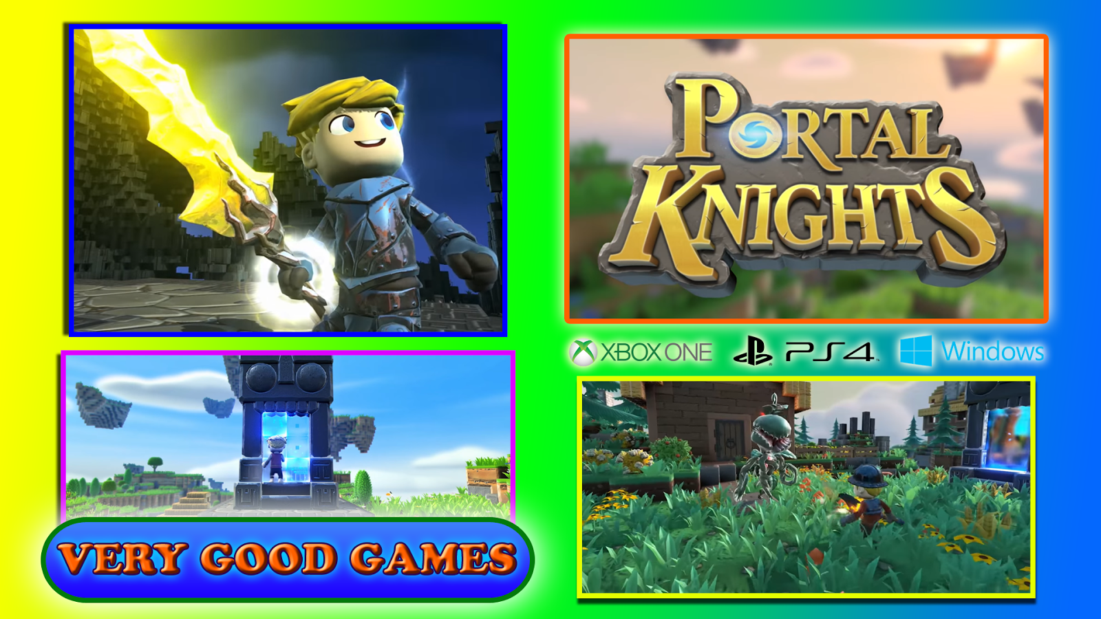A banner with screenshots from the Portal Knights game - for PS4 and Xbox One game consoles, for Windows computers