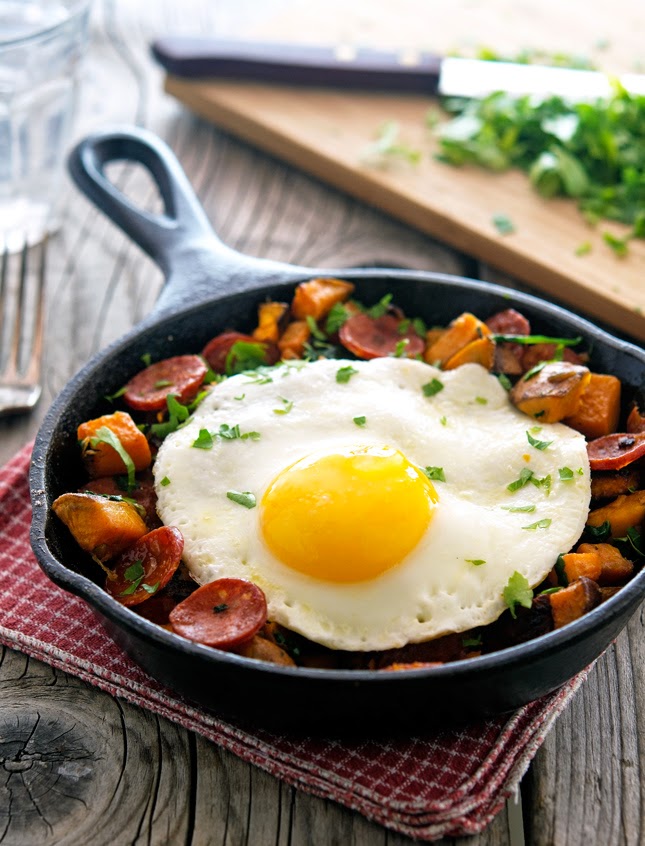 Sweet Potato, Spinach and Chorizo Hash with Baked Eggs
