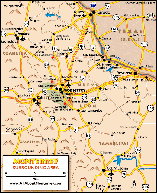 Mapa rodoviário da região de Monterrey – México