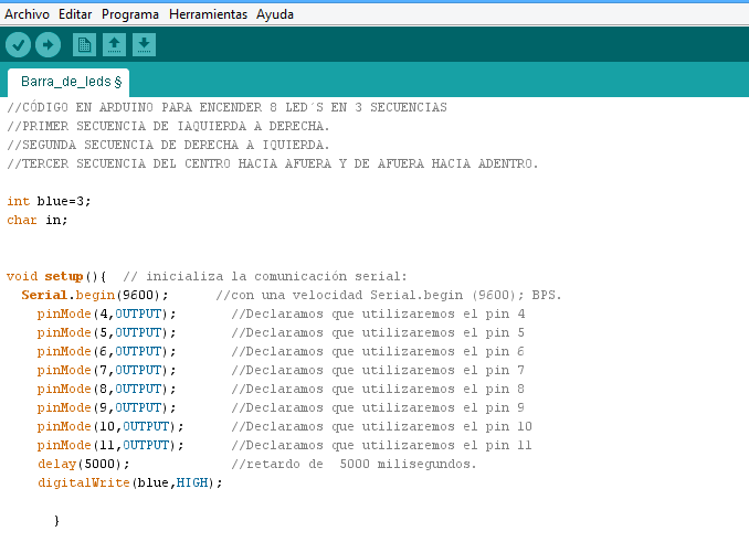 PROGRAMACIÓN EN ARDUINO CON BLUETOOTH HC-06: ENCENDER 8 LED´S EN SECUENCIA