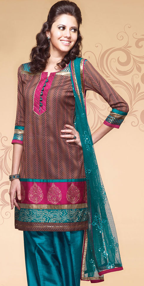 Brown and Blue Color Salwar Suit - Cotton Silk Salwar Kameez ~ Ladies ...